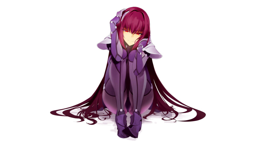 1girl bodysuit breasts commentary_request fate/grand_order fate_(series) hair_intakes hands_on_own_face highres knees_up koma440 long_hair looking_at_viewer pauldrons purple_bodysuit purple_hair red_eyes scathach_(fate)_(all) scathach_(fate/grand_order) shoulder_armor simple_background sitting solo white_background