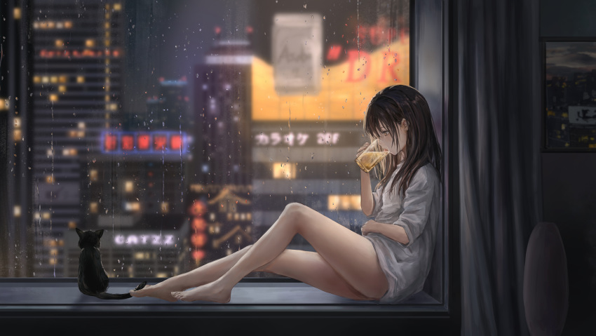 1girl alcohol animal barefoot beer black_hair brown_eyes cat catzz cityscape commentary cup curtains drinking_glass highres long_hair original portrait rain sitting solo tongue tongue_out window