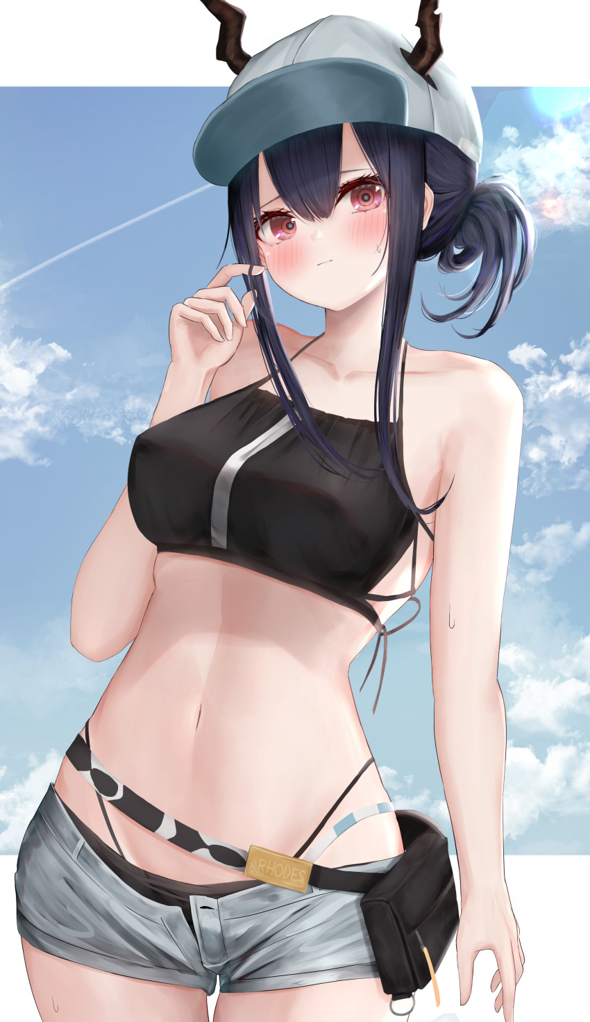 1girl absurdres alternate_hairstyle arknights bangs bare_arms bare_shoulders baseball_cap belt bikini black_bikini black_hair blue_sky blush breasts ch'en_(arknights) clouds condensation_trail cowboy_shot day dragon_horns grey_shorts hair_between_eyes hat head_tilt highleg highleg_bikini highres horns horns_through_headwear large_breasts long_hair looking_at_viewer mo_(pixiv28646846) navel open_fly outdoors ponytail pouch red_eyes short_ponytail short_shorts shorts sidelocks sky solo standing stomach swimsuit