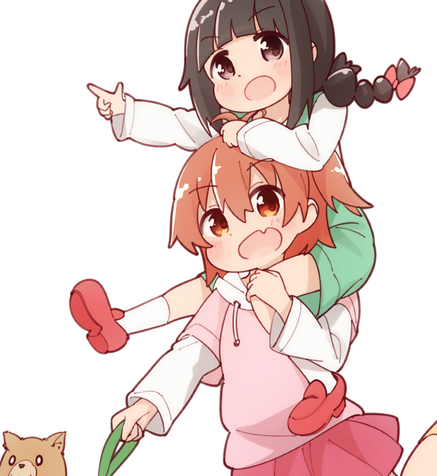 2girls :d :o black_hair blush bow braid brown_eyes brown_hair carrying commentary dog drawstring eyebrows_visible_through_hair fang hair_bow highres hood hoodie hoshino_hinata low_twintails manse matsumoto_yuuna miyako_(dog) multiple_girls open_mouth piggyback pink_bow pink_hoodie pink_skirt pointing red_eyes shoes simple_background skin_fang skirt smile socks twintails watashi_ni_tenshi_ga_maiorita! white_background white_legwear