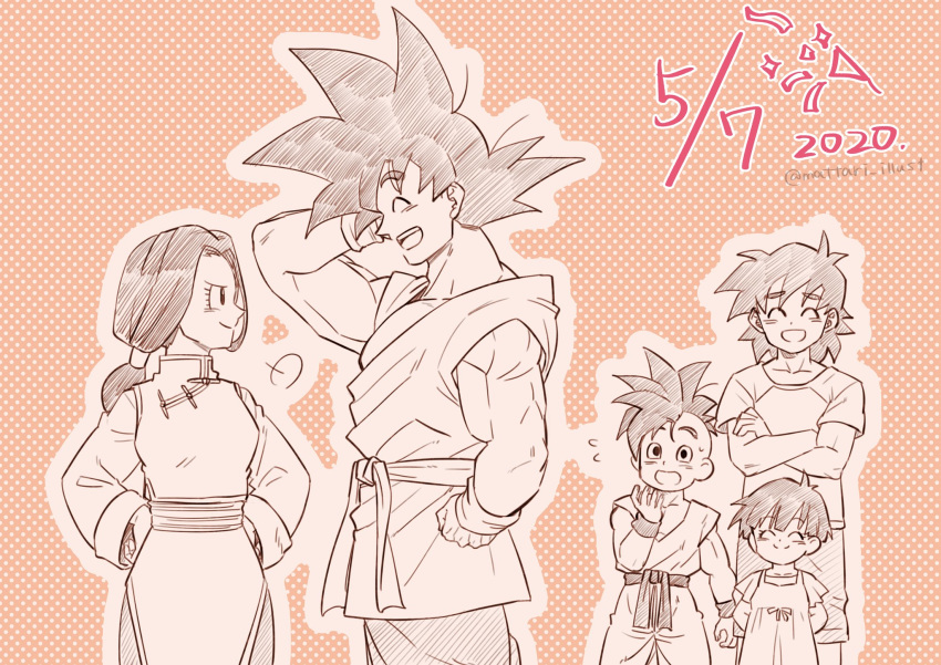 2020 2girls 3boys :d :o =3 ^_^ arms_behind_back black_eyes black_hair chi-chi_(dragon_ball) child china_dress chinese_clothes closed_eyes collarbone commentary_request couple crossed_arms dated dot_nose dougi dragon_ball dragon_ball_z dress eyebrows_visible_through_hair eyelashes family father_and_son flying_sweatdrops frilled_sleeves frills furrowed_eyebrows grandfather_and_granddaughter grandmother_and_granddaughter hand_on_hip hand_on_own_head hand_up hands_on_hips happy height_difference hetero highres husband_and_wife laughing looking_at_another low_ponytail mattari_illust mohawk mother_and_son multiple_boys multiple_girls muscle nervous open_mouth outline pan_(dragon_ball) partially_colored pink_background pink_theme polka_dot polka_dot_background ponytail profile short_hair shorts simple_background smile son_gokuu son_goten spiky_hair sweatdrop teenage teeth twitter_username uncle_and_niece upper_body upper_teeth uub very_short_hair wristband