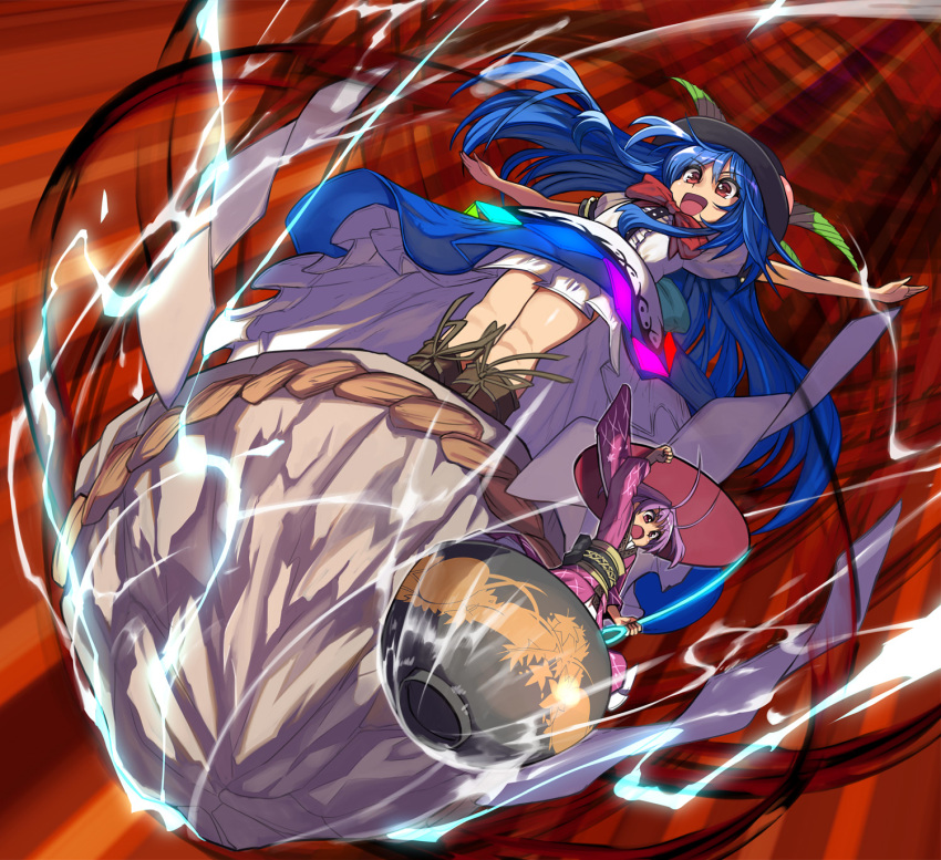 2girls antenna_hair blue_hair blue_skirt boots bow bowl bowl_hat bowtie clenched_hand commentary_request hat highres hinanawi_tenshi holding_needle japanese_clothes keystone kimono long_hair multiple_girls needle needle_sword obi open_mouth partial_commentary petticoat purple_hair red_eyes sash shope short_sleeves skirt sukuna_shinmyoumaru touhou