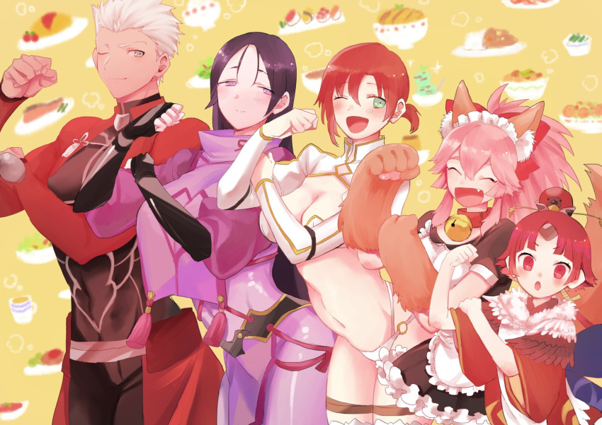 1boy 4girls animal_ears apron archer arm_pump bell bell_collar benienma_(fate/grand_order) boudica_(fate/grand_order) breasts collar dark_skin dark_skinned_male fang fate/grand_order fate_(series) food_background fox_ears fox_tail gloves highres large_breasts minamoto_no_raikou_(fate/grand_order) multiple_girls navel one_eye_closed paw_gloves paws pink_hair ponytail purple_hair redhead smile tail takashi_(onikukku) tamamo_(fate)_(all) tamamo_cat_(fate) white_hair wide_sleeves
