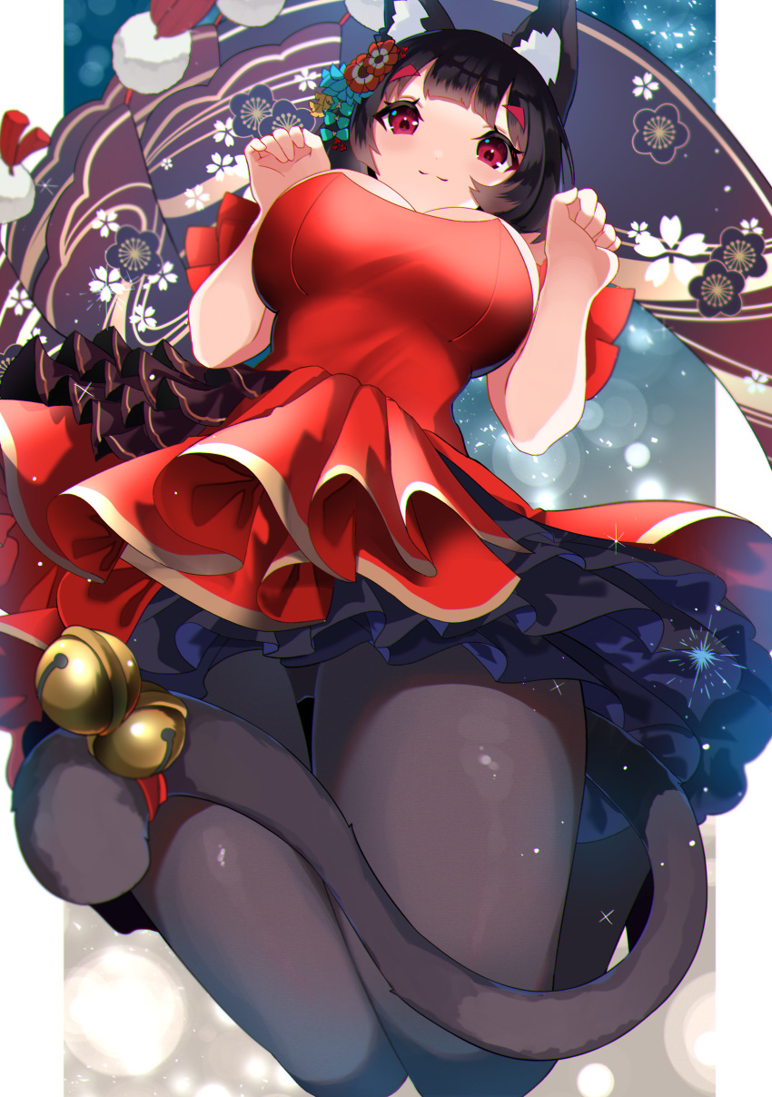 1girl absurdres animal_ear_fluff animal_ears azur_lane bell black_hair black_legwear breasts cat_ears cat_tail closed_mouth dress eyebrows_visible_through_hair fang flower gradient gradient_background hair_flower hair_ornament highres large_breasts looking_at_viewer pantyhose paw_pose pom_poms red_dress red_eyes sanba_tsui short_eyebrows short_hair smile solo sparks tail tail_bell thick_eyebrows yamashiro_(azur_lane) yamashiro_(stylish_black_cat)_(azur_lane)