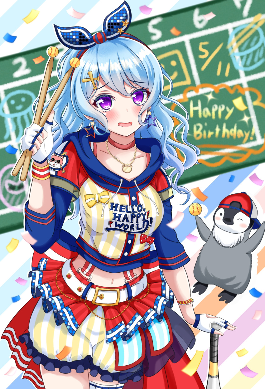 1girl back_bow backwards_hat ball bang_dream! bangs baseball baseball_bat belt bird blue_hairband blue_sleeves blush bow breasts choker clothes_writing collarbone commentary_request confetti cowboy_shot dated diagonal_stripes drawstring drumsticks earrings eyebrows_visible_through_hair fingerless_gloves gloves hair_between_eyes hair_ornament hairband hairclip happy_birthday hat highres holding holding_ball holding_drumsticks hood hood_down hooded_jacket jacket jellyfish jewelry kurauchin_start layered_sleeves light_blue_hair long_hair looking_at_viewer matsubara_kanon medium_breasts midriff multicolored multicolored_background navel necklace open_mouth penguin red_bow red_choker red_skirt scoreboard short_sleeves shorts sidelocks single_thighhigh skirt solo_focus standing star star_earrings striped striped_shorts suspender_shorts suspenders thigh-highs violet_eyes white_belt white_gloves white_legwear wristband