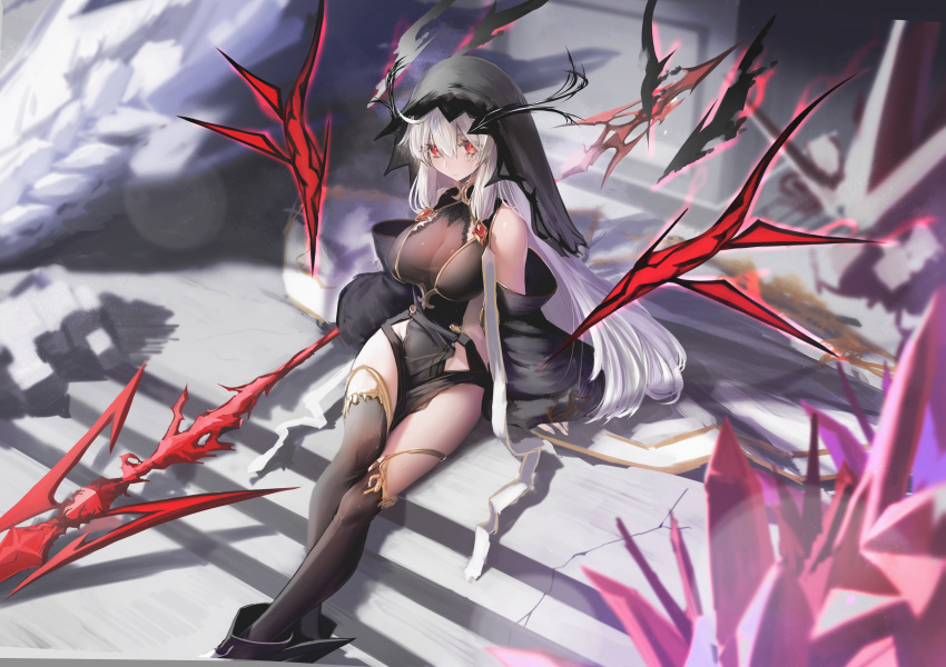 1girl absurdres bare_shoulders black_dress black_legwear boots breasts celeryma crystal detached_sleeves dress highres horns large_breasts long_hair long_sleeves looking_at_viewer original pelvic_curtain polearm red_eyes side_cutout sitting solo spear thigh-highs thighs veil very_long_hair weapon white_hair wide_sleeves wings witch