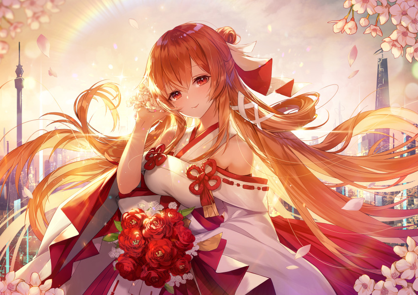 1girl apple_caramel breasts character_request cherry_blossoms code:_dragon_blood commentary_request flower hair_between_eyes hair_bun hair_ornament hair_ribbon highres holding holding_flower japanese_clothes kimono large_breasts looking_at_viewer multicolored multicolored_clothes multicolored_kimono orange_eyes orange_hair red_flower red_kimono red_ribbon ribbon sleeves_rolled_up smile solo white_flower white_kimono white_ribbon wide_sleeves