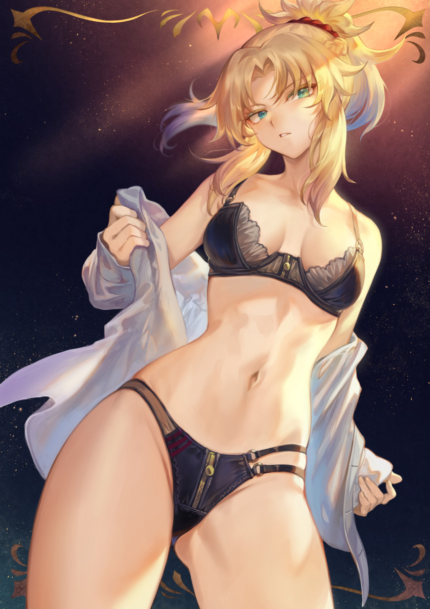 1girl bangs bare_shoulders black_bra black_panties blonde_hair blush bra braid breasts collarbone dress_shirt fate/apocrypha fate/grand_order fate_(series) french_braid gradient gradient_background green_eyes hair_ornament hair_scrunchie highres light_rays long_hair looking_at_viewer mashuu_(neko_no_oyashiro) medium_breasts mordred_(fate) mordred_(fate)_(all) navel off_shoulder open_clothes open_shirt panties parted_bangs parted_lips ponytail red_scrunchie scrunchie shirt sidelocks small_breasts thighs underwear white_shirt