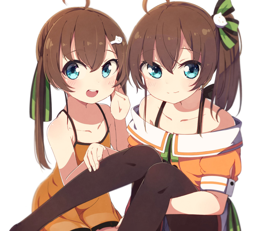 2girls :d ahoge bangs bare_arms bare_shoulders black_legwear blue_eyes blush brown_dress brown_hair cat_hair_ornament closed_mouth collarbone commentary_request dress dual_persona eyebrows_visible_through_hair green_ribbon hair_between_eyes hair_ornament hairclip highres hololive jacket leg_hug long_hair looking_at_viewer multiple_girls natsuiro_matsuri off-shoulder_jacket okota_mikan open_mouth orange_jacket pantyhose pleated_skirt puffy_short_sleeves puffy_sleeves ribbon short_sleeves side_ponytail simple_background skirt sleeveless sleeveless_dress smile virtual_youtuber white_background white_skirt