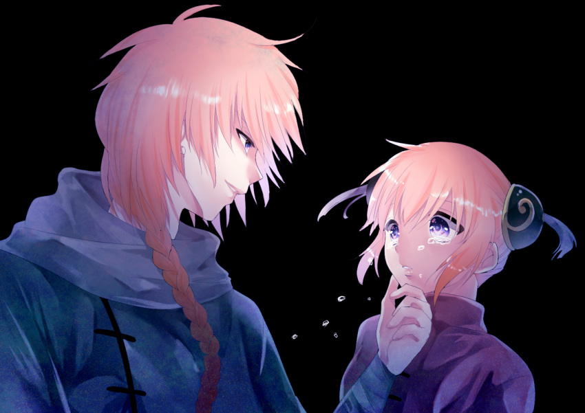 1boy 1girl ahoge braid brother_and_sister chin_grab crying double_bun eroriru gintama kagura_(gintama) kamui_(gintama) long_hair looking_at_another short_hair siblings simple_background single_braid tied_hair violet_eyes