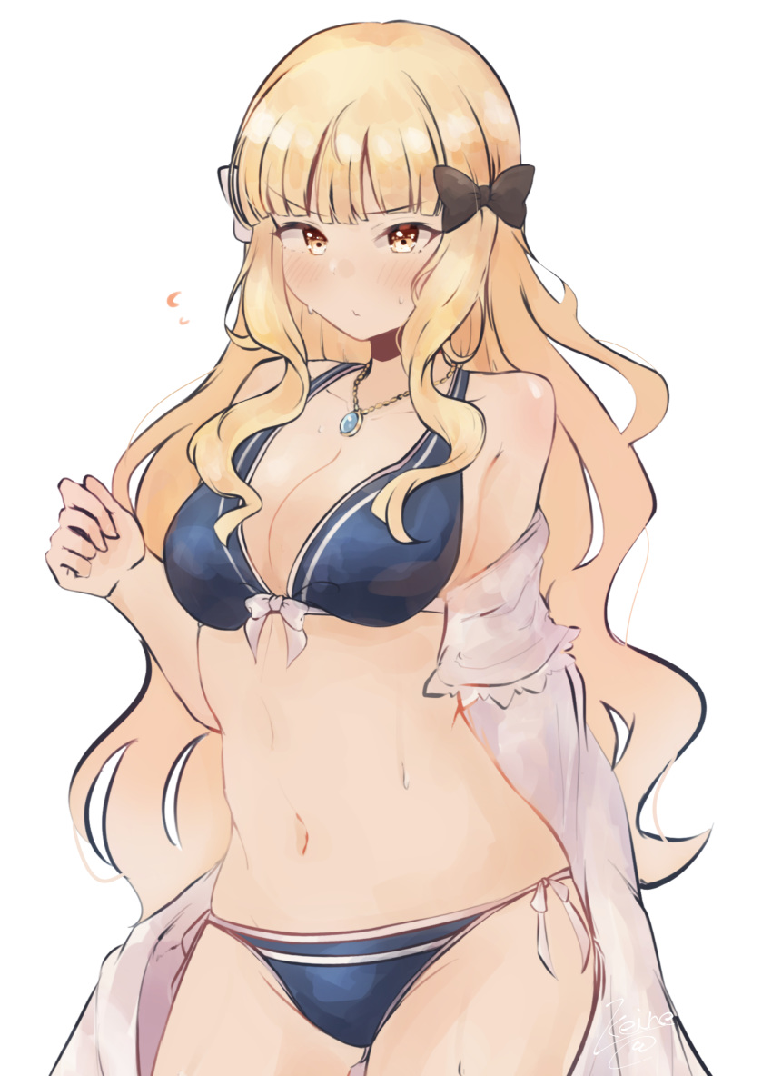 1girl absurdres bikini black_bow blonde_hair blush bow breasts elf eyebrows_visible_through_hair flower hair_bow hair_flower hair_ornament highres keinesandayoooo large_breasts long_hair pointy_ears princess_connect! princess_connect!_re:dive saren_(princess_connect!) solo swimsuit