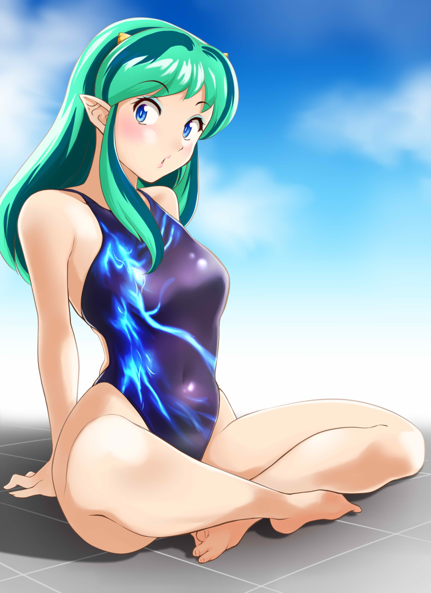 1girl absurdres blue_eyes blue_sky blue_swimsuit clouds commentary_request competition_swimsuit green_hair highleg highleg_swimsuit highres indian_style long_hair looking_at_viewer lum multicolored_hair nanao_futaba one-piece_swimsuit oni_horns pointy_ears sitting sky solo swimsuit tile_floor tiles two-tone_hair urusei_yatsura