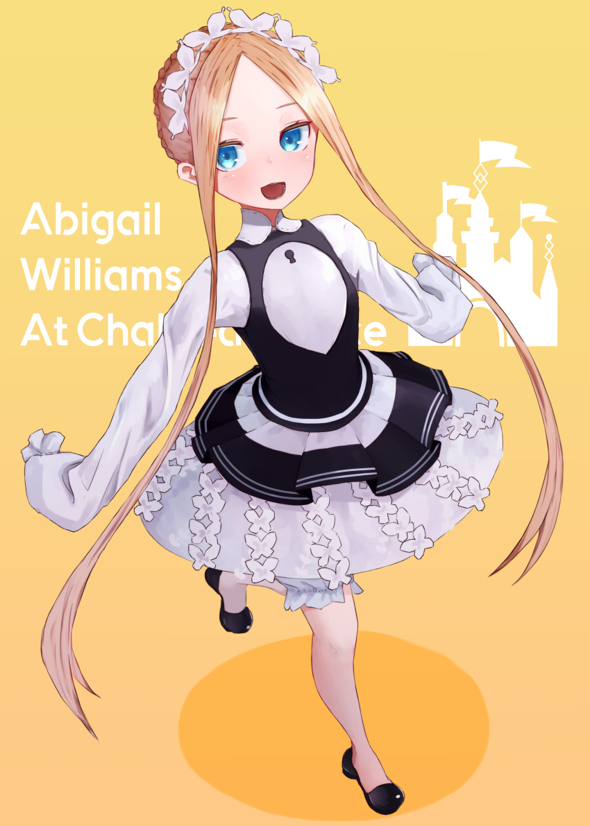 1girl :d abigail_williams_(fate/grand_order) absurdres bangs blonde_hair blue_eyes blush breasts character_name dress fate/grand_order fate_(series) forehead heroic_spirit_festival_outfit highres kopaka_(karda_nui) long_hair long_sleeves looking_at_viewer maid_headdress open_mouth parted_bangs sidelocks small_breasts smile solo white_dress