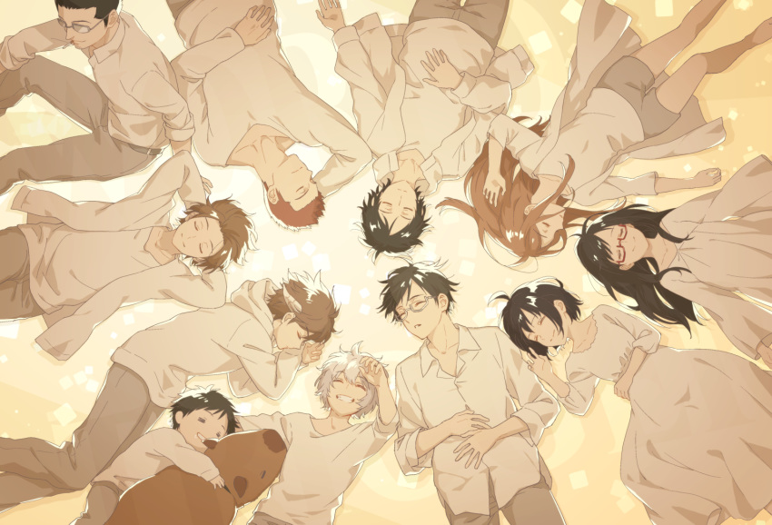 3girls 6+boys amatori_chika arm_pillow bangs belt black_hair bob_cut brown_hair child cigarette closed_eyes collared_shirt cube dress dress_shirt facing_viewer glasses glowing grey_pants grey_shorts grin hair_down hand_on_own_stomach hetalia38 hood hood_down horns jacket jin_yuuichi karasuma_kyousuke kizaki_reiji knee_up konami_kirie kuga_yuuma long_hair long_sleeves lying mikumo_osamu mouth_hold multiple_boys multiple_girls on_back on_side open_clothes open_jacket pants profile raijinmaru red-framed_eyewear rindou_takumi rindou_youtarou semi-rimless_eyewear shirt shorts sitting sleeping smile sundress t-shirt under-rim_eyewear usami_shiori v-neck white-framed_eyewear white_dress white_hair white_hoodie white_jacket white_shirt world_trigger