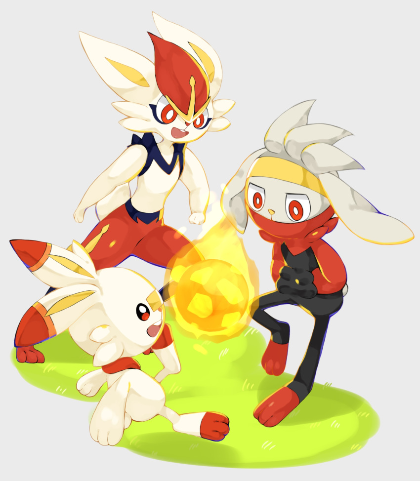 :d bunny_focus cinderace commentary_request creature fireball full_body gen_8_pokemon highres minamo_(pixiv17726065) no_humans open_mouth pokemon pokemon_(creature) rabbit raboot red_eyes scorbunny simple_background smile standing white_background