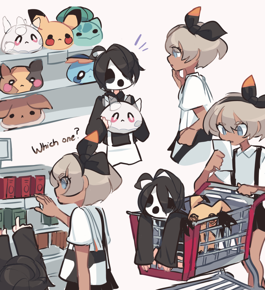 1boy 1girl black_hair black_ribbon charamells commentary dark_skin eevee english_commentary english_text galarian_corsola galarian_form gen_1_pokemon gen_7_pokemon gen_8_pokemon grey_eyes grey_hair hair_ribbon highres holding holding_paper long_sleeves mask mimikyu morpeko morpeko_(full) onion_(pokemon) paper pikachu pokemon pokemon_(game) pokemon_swsh ribbon saitou_(pokemon) short_hair short_sleeves simple_background sobble white_background