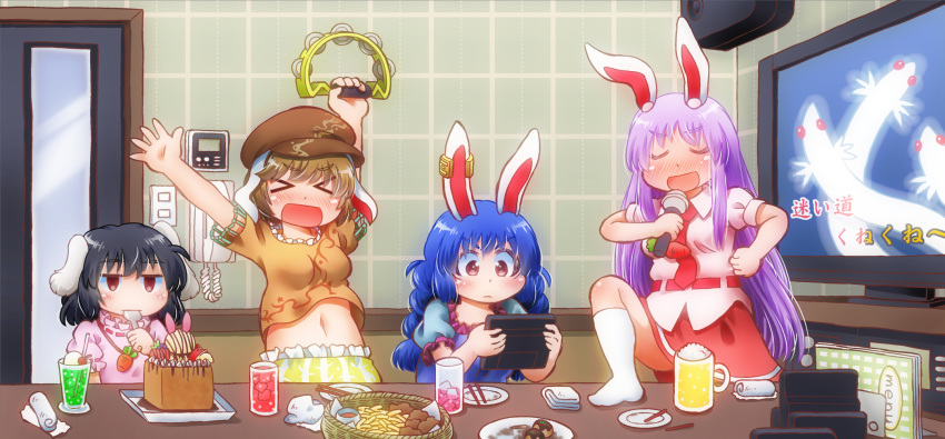 &gt;_&lt; 4girls alcohol animal_ears beer beer_mug black_hair blonde_hair blue_dress blue_hair blush carrot_necklace chopsticks closed_eyes commentary_request cup dress drink ear_clip eyebrows_visible_through_hair flat_cap floppy_ears food french_fries hat highres holding holding_microphone inaba_tewi indoors instrument karaoke kune-kune matty_(zuwzi) menu microphone midriff mug multiple_girls music navel necktie open_mouth orange_shirt phone pink_dress puffy_short_sleeves puffy_sleeves purple_hair rabbit_ears red_eyes reisen_udongein_inaba ringo_(touhou) seiran_(touhou) shirt short_sleeves singing skirt socks spoon spoon_in_mouth table tambourine touhou