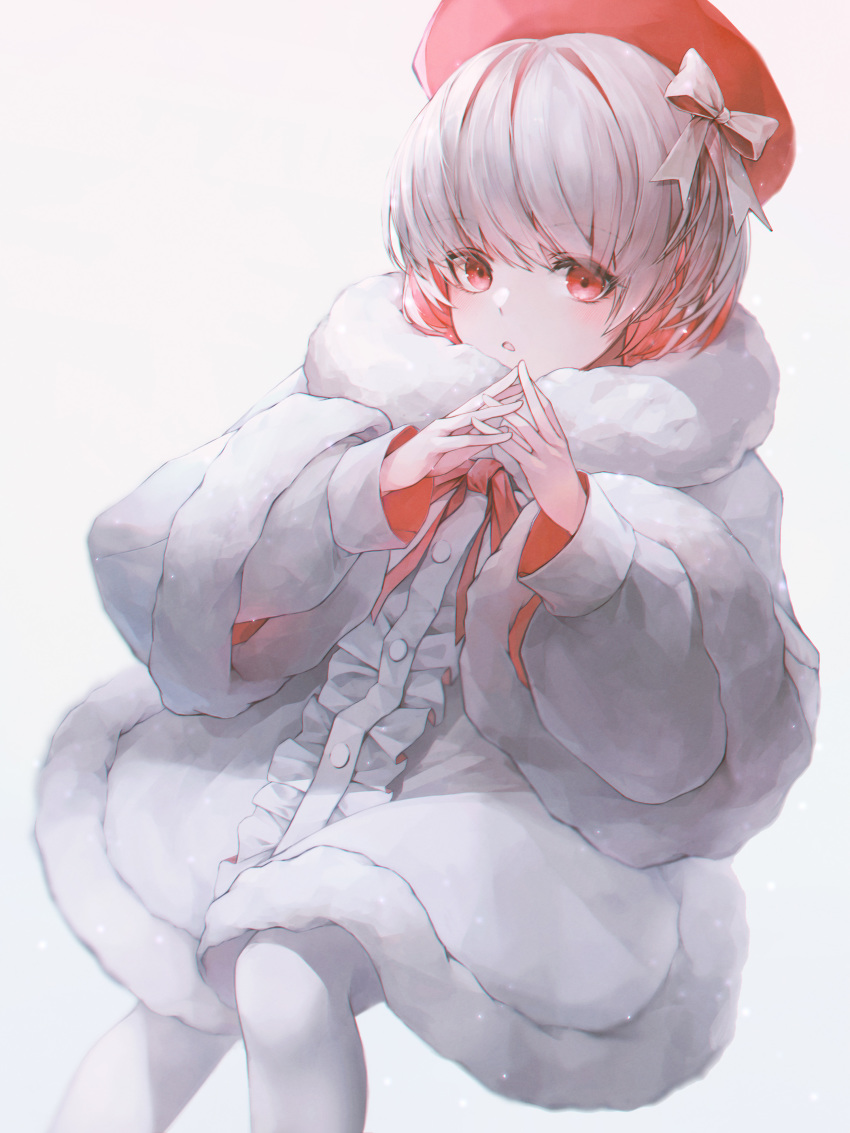 1girl absurdres bow coat crystalherb hands_together highres interlocked_fingers long_sleeves looking_at_viewer original red_eyes red_headwear solo symbol_commentary white_background white_bow white_coat white_hair white_legwear