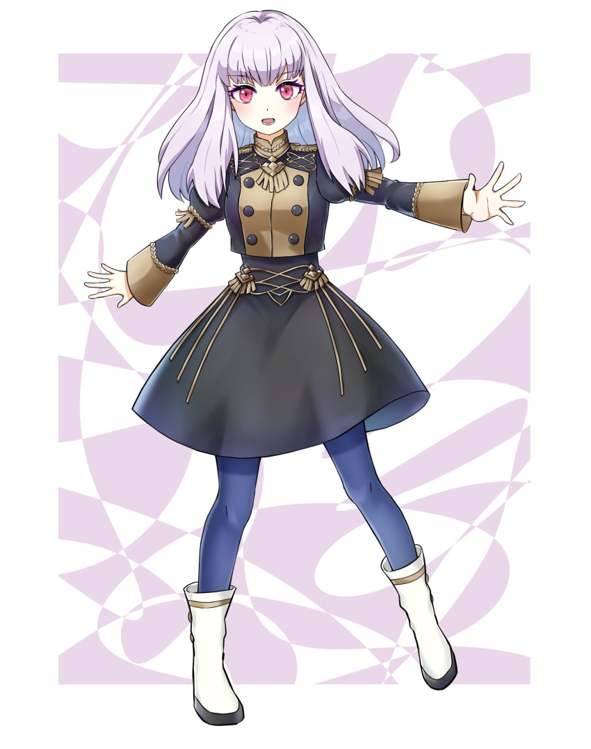 1girl blue_legwear deertml fire_emblem fire_emblem:_three_houses full_body garreg_mach_monastery_uniform highres long_hair long_sleeves lysithea_von_ordelia open_mouth pink_eyes solo uniform white_hair