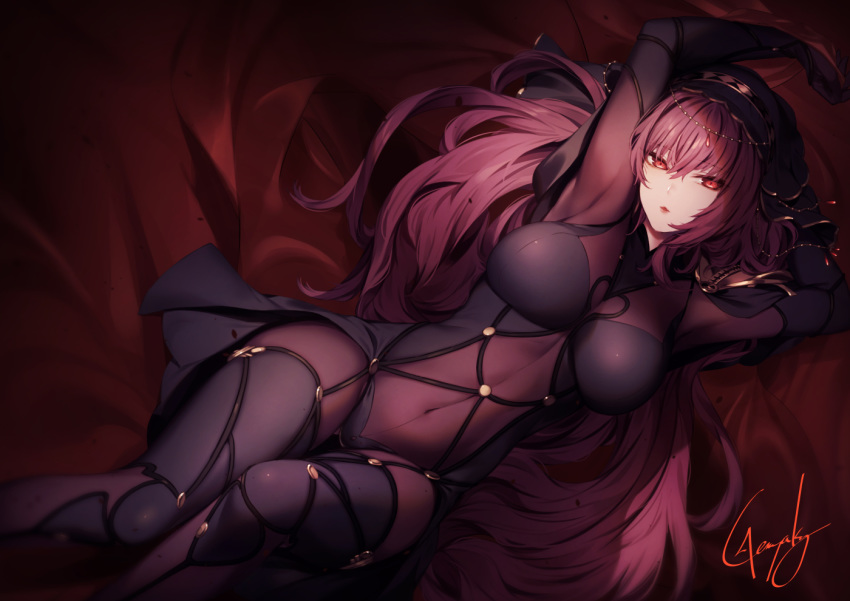 1girl arms_up bangs bodysuit breasts covered_navel fate/grand_order fate_(series) hair_intakes kyouya_(mukuro238) large_breasts long_hair looking_at_viewer lying on_back open_mouth pauldrons purple_bodysuit purple_hair red_eyes scathach_(fate)_(all) scathach_(fate/grand_order) solo thighs veil