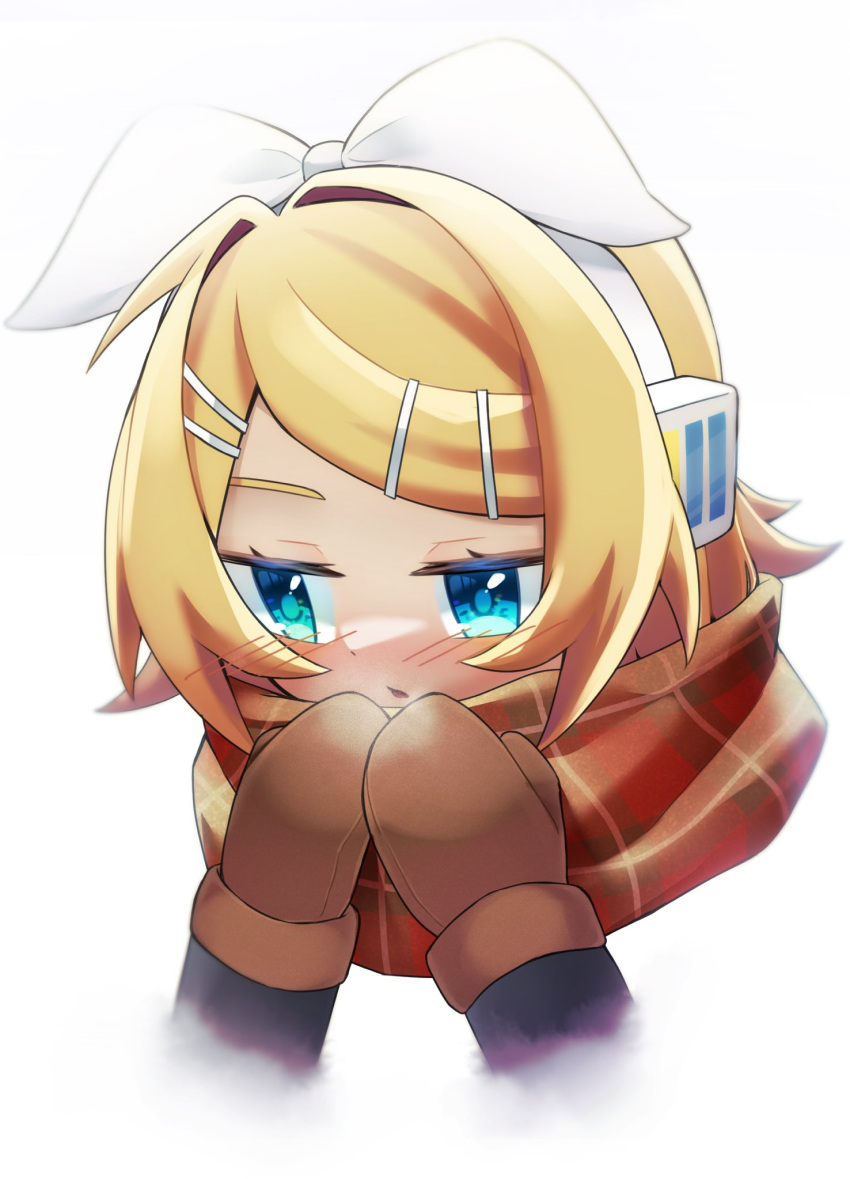 1girl ataraii_moyasi bangs blonde_hair blue_eyes bow breathing_on_hands brown_mittens commentary cropped_shoulders hair_bow hair_ornament hairclip half-closed_eyes headphones highres kagamine_rin light_blush mittens plaid plaid_scarf portrait red_scarf scarf short_hair solo swept_bangs visible_air vocaloid white_background white_bow