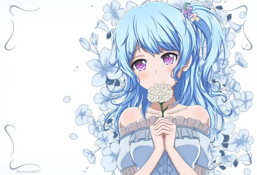 1girl absurdres bang_dream! bangs bare_shoulders blue_dress blush breasts collarbone commentary_request dress eyebrows_visible_through_hair floral_background flower frilled_dress frilled_sleeves frills green_ribbon hair_ribbon highres holding holding_flower light_blue_hair long_hair looking_at_viewer matsubara_kanon medium_breasts off-shoulder_dress off_shoulder one_side_up reneua ribbon short_sleeves sidelocks simple_background smile twitter_username upper_body violet_eyes white_background