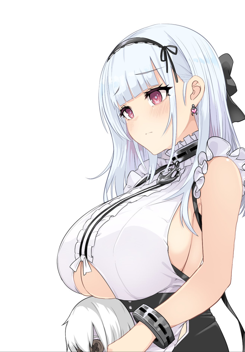 1girl anchor_choker anchor_necklace apron azur_lane bangs bare_shoulders black_hairband blunt_bangs blush breasts center_frills character_doll choker cleavage_cutout closed_mouth collar commentary_request dido_(azur_lane) doll earrings eyebrows_visible_through_hair frilled_choker frills hair_ribbon hairband heart heart_earrings highres holding holding_doll jewelry lace-trimmed_hairband large_breasts long_hair maid maid_apron maid_day maid_dress maid_headdress pink_eyes ribbon sideboob sidelocks silver_hair sleeveless standing under_boob underboob_cutout upanishi waist_apron white_apron wrist_cuffs