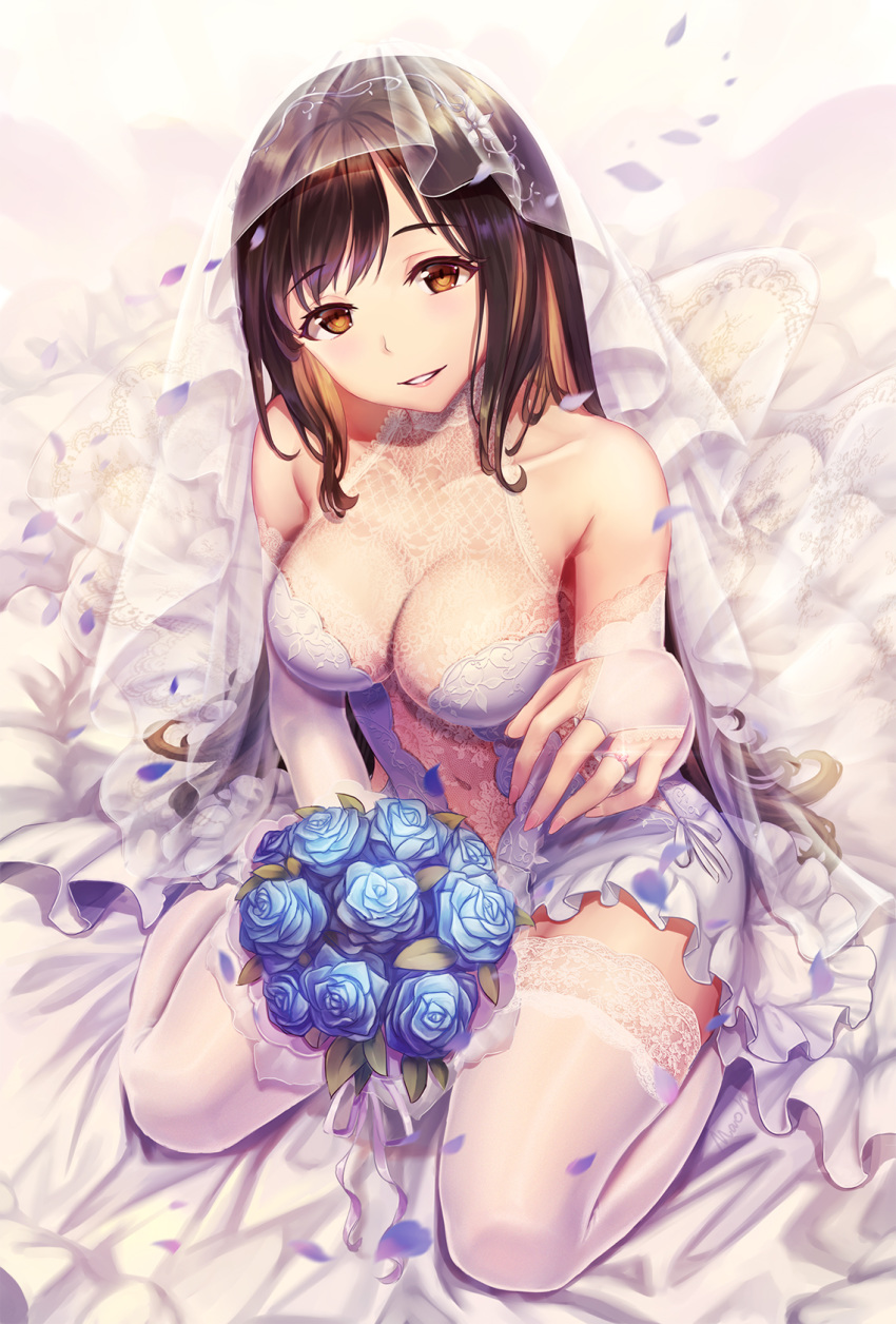 1girl artist_name bare_shoulders bed_sheet blue_flower blue_rose blush bouquet breasts bridal_gauntlets bridal_veil bride brown_eyes brown_hair collarbone dress elbow_gloves eyebrows_visible_through_hair fingernails flower frilled_dress frills glint gloves hand_up head_tilt highres holding holding_bouquet jewelry lace lace-trimmed_dress lace-trimmed_gloves lace-trimmed_legwear lips long_hair looking_at_viewer looking_up medium_breasts navel navel_cutout original parted_lips petals ring rose see-through shiny shiny_clothes side_cutout signature sitting sleeveless sleeveless_dress smile solo thigh-highs ulquiorra0 veil wariza wedding_dress wedding_ring white_dress white_gloves white_legwear