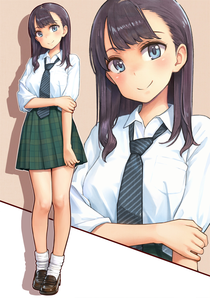 1girl bangs bare_legs black_hair black_neckwear blue_eyes blush brown_footwear checkered checkered_skirt closed_mouth collared_shirt eyebrows_visible_through_hair full_body green_skirt hand_on_own_arm highres kakinomai loafers long_hair looking_at_viewer miniskirt necktie original pleated_skirt shirt shoes short_sleeves skirt smile socks solo standing striped striped_neckwear two-tone_background white_legwear white_shirt wing_collar zoom_layer