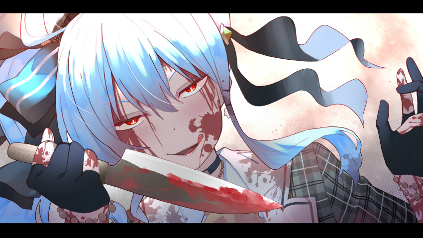 1girl absurdres ahoge beret blood blood_on_face bloody_clothes bloody_knife blue_hair choker eyebrows_visible_through_hair gloves hair_ribbon hat highres holding holding_knife hololive hoshimachi_suisei knife letterboxed licking_lips open_mouth plaid red_eyes ribbon side_ponytail smile solo tonari_no_kai_keruberosu tongue tongue_out upper_body virtual_youtuber
