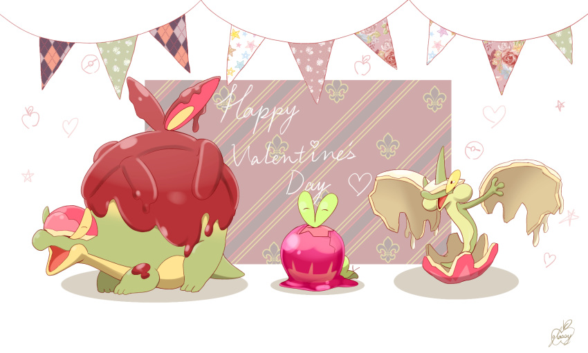 :d ^_^ appletun applin closed_eyes commentary_request creature english_text facing_viewer flapple full_body gen_8_pokemon gurako_(pixiv36097434) heart highres horn no_humans open_mouth pokemon pokemon_(creature) shadow signature smile standing striped striped_background valentine