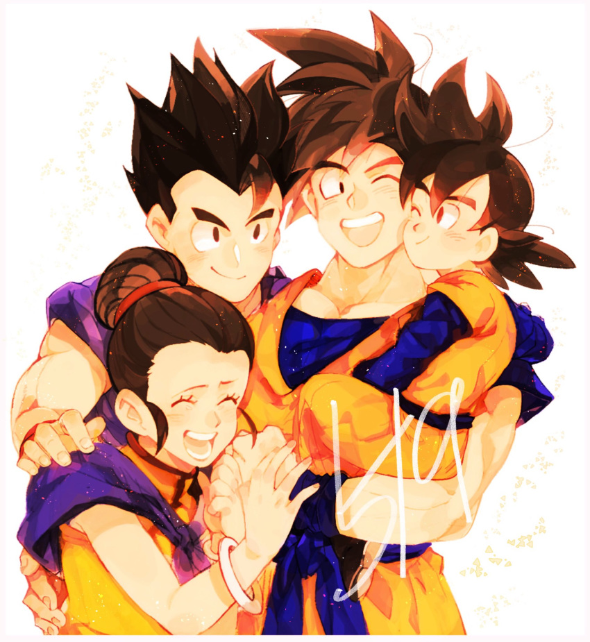 1girl 3boys :d ;d ^_^ bangs black_hair bracelet brothers carrying cheek-to-cheek chi-chi_(dragon_ball) china_dress chinese_clothes closed_eyes closed_mouth commentary_request couple d89im dougi dragon_ball dragon_ball_z dress eyelashes family father_and_son fingernails group_hug hair_bun hand_on_another's_hand hand_on_another's_shoulder hetero highres hug husband_and_wife jewelry light_particles looking_at_another messy_hair mother_and_son multiple_boys neckerchief number one_eye_closed open_mouth pectorals purple_neckwear siblings simple_background sleeveless sleeveless_dress smile son_gohan son_gokuu son_goten spiky_hair teeth upper_body upper_teeth white_background wristband