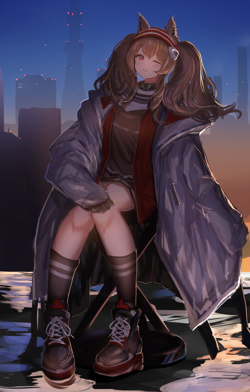 1girl 360_(pixiv47196062) absurdres angelina_(arknights) animal_ears arknights black_footwear black_legwear blush breasts brown_hair brown_shirt chair cityscape coat commentary cross-laced_footwear earpiece english_commentary eyelashes fox_ears full_body hairband highres jewelry knees_together_feet_apart long_hair looking_at_viewer medium_breasts neck_ring one_eye_closed open_clothes open_coat outdoors red_eyes shirt shoes sitting smile sneakers socks solo thighs twintails white_coat