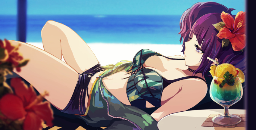 1girl bangs bare_shoulders bendy_straw bikini black_shorts blurry blurry_background blurry_foreground breasts commentary_request cup day depth_of_field diagonal_bangs drinking_glass drinking_straw eyebrows_visible_through_hair flower green_bikini green_jacket hair_flower hair_ornament hibiscus horizon idolmaster idolmaster_shiny_colors jacket knees_up looking_away lying medium_breasts minyom ocean off_shoulder on_back open_clothes open_jacket outdoors purple_hair red_flower short_shorts shorts solo_focus swimsuit tanaka_mamimi tropical_drink violet_eyes water