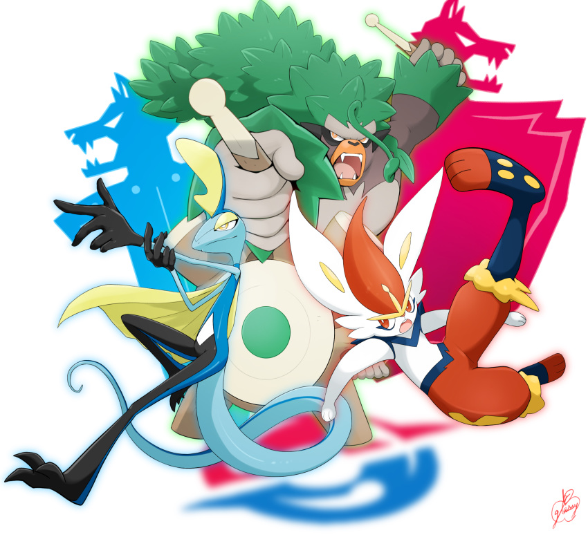 absurdres cinderace commentary_request creature drumsticks fangs finger_gun full_body gen_8_pokemon gurako_(pixiv36097434) highres holding holding_drumsticks inteleon jumping kicking no_humans open_mouth orange_eyes pokemon pokemon_(creature) rabbit rillaboom signature simple_background white_background yellow_eyes