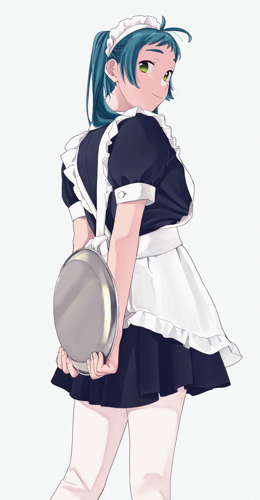 1girl absurdres alternate_costume antenna_hair apron black_dress blue_hair closed_mouth dress enmaided from_behind green_eyes grey_background head_tilt highres holding holding_tray irako_(kantai_collection) kantai_collection long_hair maid maid_headdress ojipon pantyhose ponytail simple_background smile solo tray white_apron white_legwear