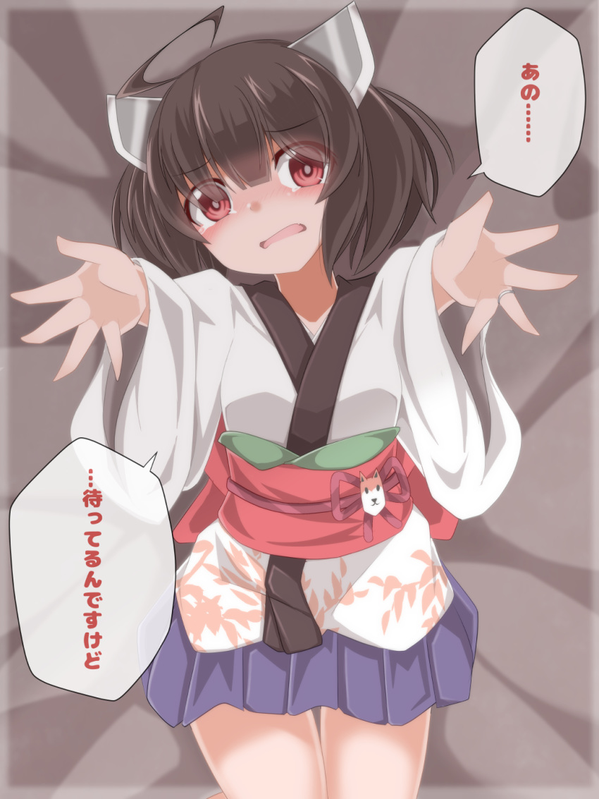 1girl ahoge ao_(aoblueao) bed_sheet black_hair blue_skirt blush eyes_visible_through_hair fang hair_over_one_eye headgear highres japanese_clothes jewelry kimono long_sleeves looking_at_viewer lying nose_blush obi on_back open_mouth outstretched_arms pleated_skirt reaching_out red_eyes ring sash skirt solo tears touhoku_kiritan translation_request twintails voiceroid white_kimono wide_sleeves