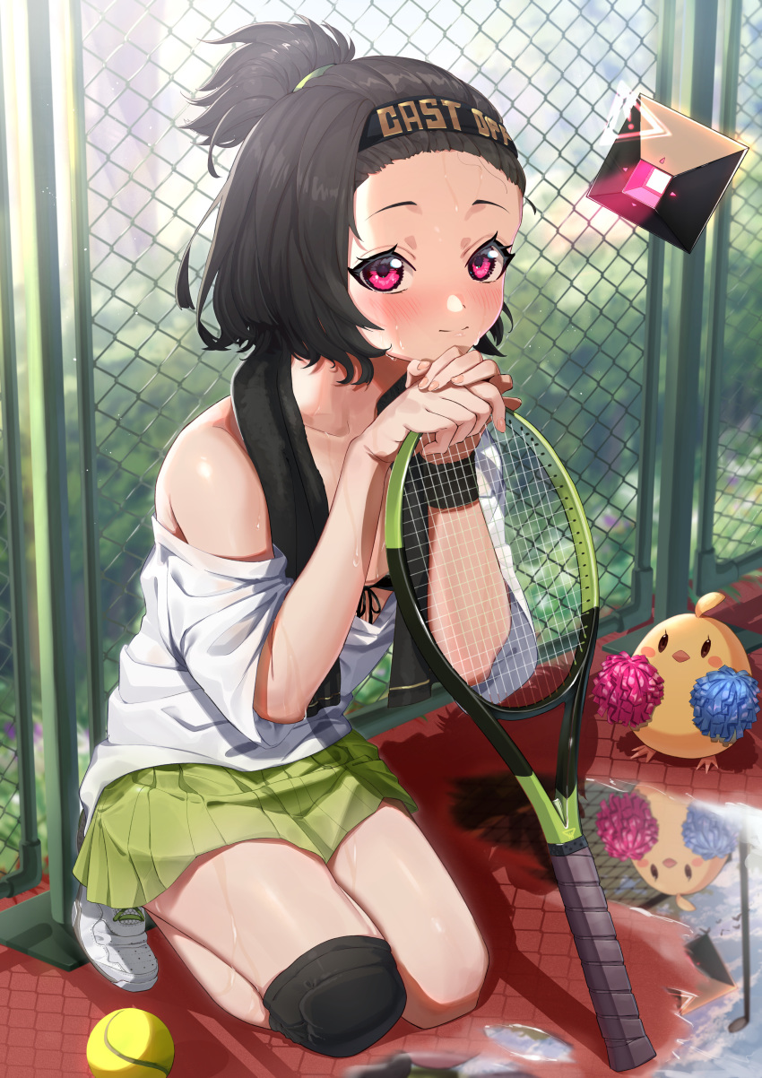 1girl absurdres azur_lane ball black_bra black_hair black_towel blush bra breasts chain-link_fence chin_rest closed_mouth commentary cooper_(azur_lane) cooper_(blazing_tennis_battle)_(azur_lane) day drone eyelashes fence forehead full_body green_skirt hair_slicked_back headband highres knee_pads kneeling looking_at_viewer manjuu_(azur_lane) miniskirt off-shoulder_shirt off_shoulder outdoors pink_eyes pleated_skirt pom_pom_(clothes) puddle racket reflection shadow shirt shoes short_hair skirt small_breasts smile sneakers solo sportswear sweat sweatband taiga_(ryukyu-6102-8) tennis_ball tennis_racket tennis_uniform thighs topknot towel towel_around_neck underwear water white_footwear white_shirt