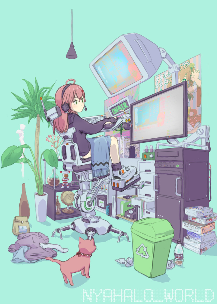 absurdres ahoge alternate_costume bottle cat clothes_on_floor computer cup drawer drinking_straw figure globe headset highres hololive keyboard_(computer) kintoki_(miko_channel) long_sleeves monitor phone pink_cat pink_hair plant radicalfool sakura_miko sitting trash_can virtual_youtuber