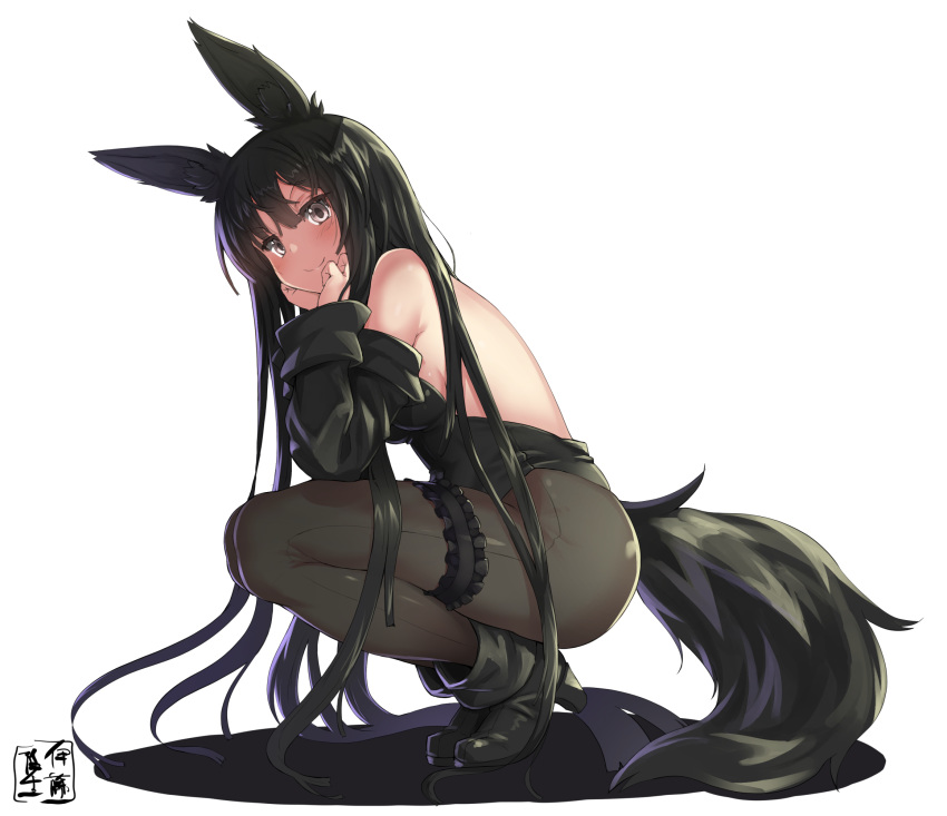 1girl animal_ears black_footwear black_hair black_legwear black_leotard blush boots breasts bunnysuit chin_rest commentary_request detached_sleeves from_side full_body highres itou_ryuusei leotard long_hair long_sleeves looking_at_viewer original pantyhose shoes sideboob simple_background smile solo squatting strapless strapless_leotard tail thigh_strap very_long_hair white_background