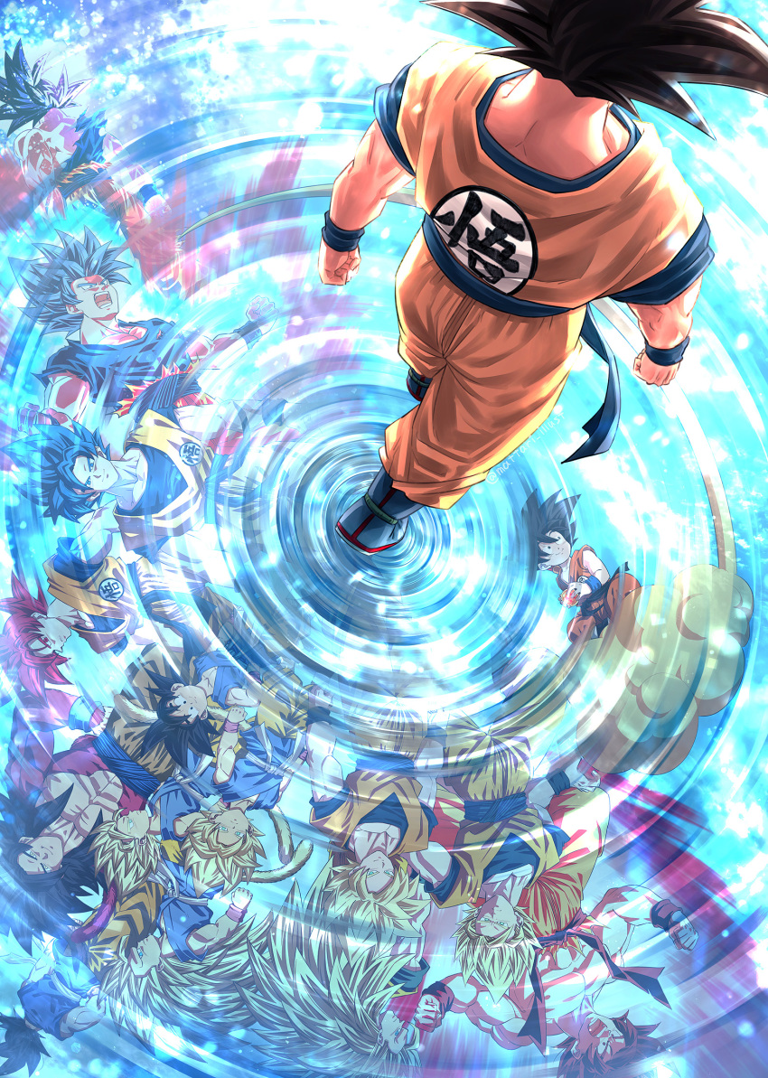 6+boys age_progression arms_at_sides aura backlighting black_eyes black_hair blonde_hair blue_footwear blurry bokeh boots child clenched_hands clothes_writing commentary_request depth_of_field different_reflection dougi dragon_ball dragon_ball_(classic) dragon_ball_(object) dragon_ball_gt dragon_ball_super dragon_ball_z dragon_ball_z_fukkatsu_no_f dragon_ball_z_kami_to_kami expressionless facing_away flying_nimbus from_above highres indian_style kaiouken light_particles long_hair looking_at_viewer looking_back male_focus mattari_illust monkey_tail multiple_boys multiple_persona nape pectorals profile red_eyes redhead reflection ripples screaming shirt shirtless sitting son_gokuu spiky_hair standing standing_on_liquid super_saiyan super_saiyan_2 super_saiyan_3 super_saiyan_4 super_saiyan_blue super_saiyan_god tail torn_clothes torn_shirt twitter_username ultra_instinct upside-down walking water wristband yellow_eyes