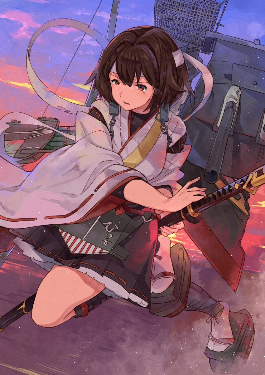1girl absurdres apron black_skirt breasts brown_eyes brown_hair cannon flight_deck hachimaki hakama_skirt headband highres holding holding_sword holding_weapon hyuuga_(kantai_collection) kanmiya_shinobu kantai_collection katana large_breasts leg_up machinery nontraditional_miko pleated_skirt remodel_(kantai_collection) sheath sheathed short_hair skin_tight skirt socks solo sword turret undershirt weapon white_headband white_legwear