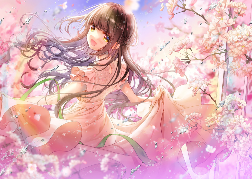 1girl :d braid brown_eyes brown_hair butakimuchi cherry_blossoms day dress droplet looking_back open_mouth outdoors smile spinning twilight white_dress