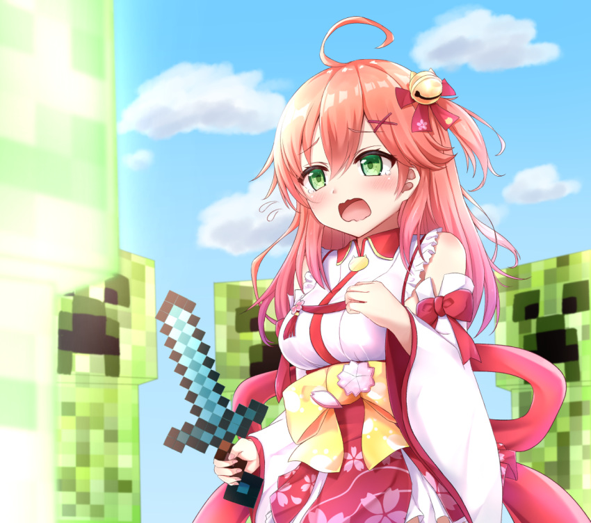 1girl ahoge bare_shoulders bell blue_sky blush cherry_blossom_print clouds creeper detached_sleeves diamond_sword floral_print green_eyes hair_bell hair_between_eyes hair_ornament hairclip hololive long_hair minecraft monster open_mouth outdoors pink_hair sakura_miko shishou_(doragyurosu) sky tears virtual_youtuber wide_sleeves x_hair_ornament