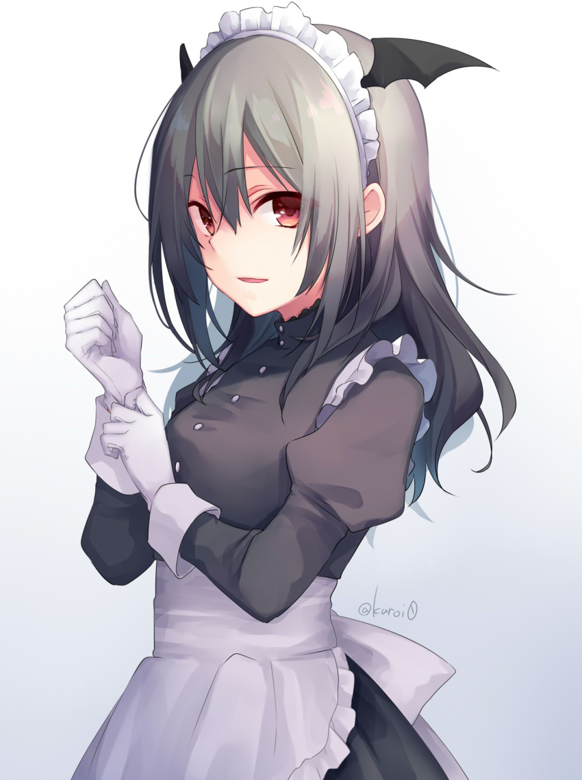 1girl apron bangs black_dress black_hair black_wings commentary_request dress eyebrows_visible_through_hair frilled_apron frills gloves gradient gradient_background gradient_hair grey_background grey_hair hair_between_eyes hands_up head_wings highres juliet_sleeves kuroi_(liar-player) long_sleeves maid maid_headdress multicolored_hair original parted_lips puffy_sleeves red_eyes solo twitter_username waist_apron white_apron white_background white_gloves wings
