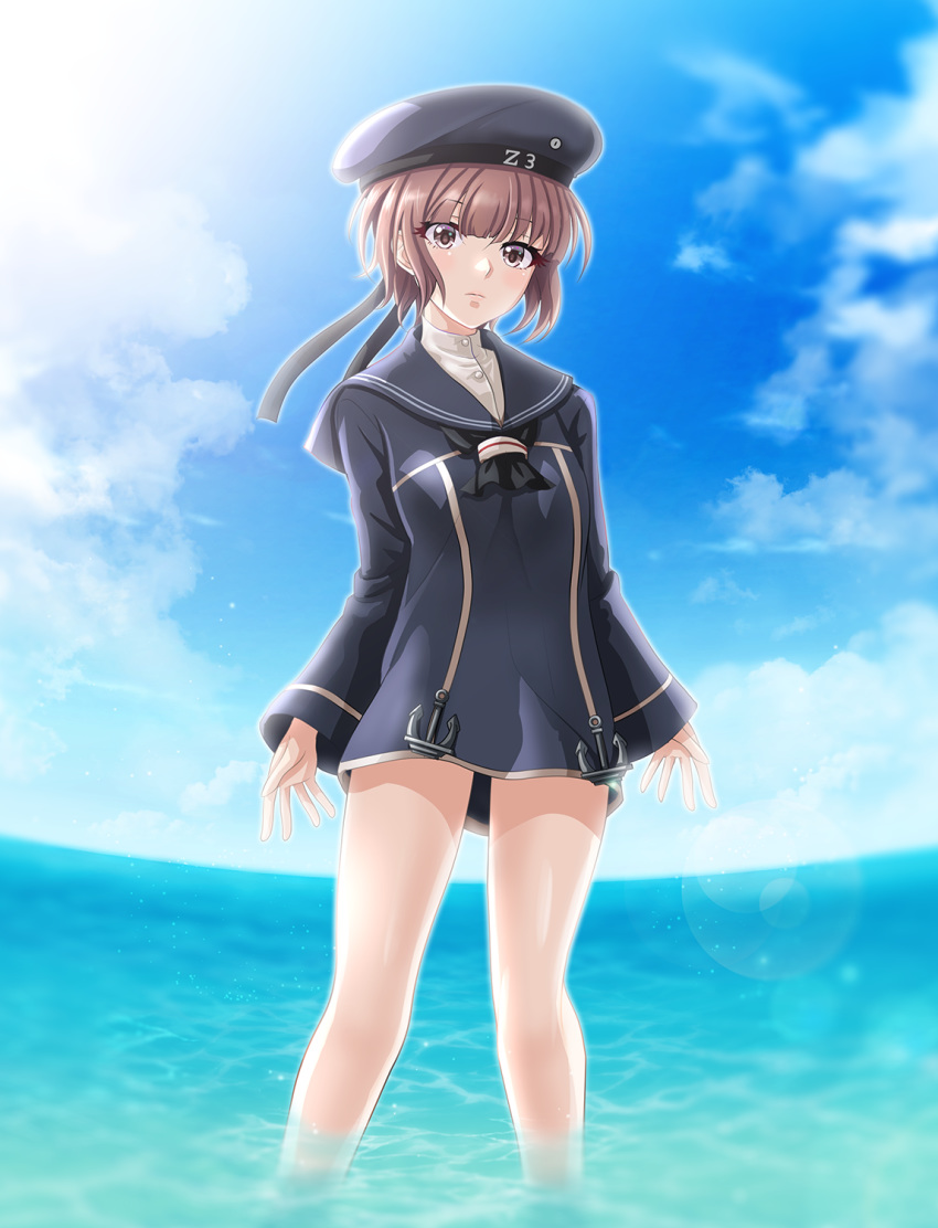 1girl anchor bangs bare_legs black_neckwear blue_dress blue_headwear blue_sailor_collar blue_sky blush breasts brown_eyes brown_hair closed_mouth clothes_writing clouds commentary_request cowboy_shot day dress eyebrows_visible_through_hair hat highres kantai_collection lens_flare long_sleeves looking_at_viewer neckerchief ocean outdoors redhead sailor_collar sailor_dress sailor_hat short_hair sidelocks signature sky small_breasts solo standing sunlight tk8d32 wading water z3_max_schultz_(kantai_collection)