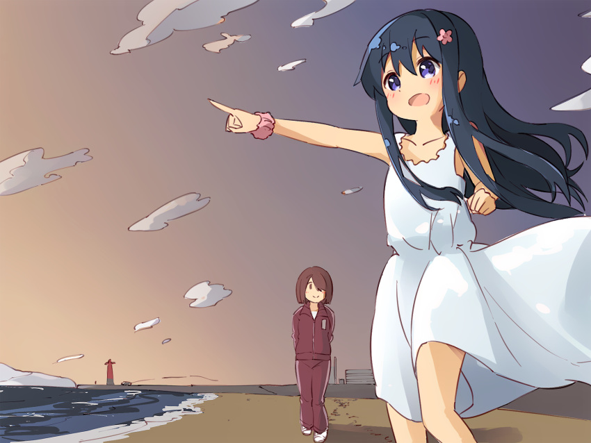 2girls arms_behind_back beach black_hair brown_hair clouds commentary dress dusk eyebrows_visible_through_hair flower hair_flower hair_ornament highres hoshino_miyako_(wataten) jacket long_hair looking_at_another manse multiple_girls ocean open_mouth pants pink_scrunchie pointing sand scrunchie shirosaki_hana sky sleeveless sleeveless_dress symbol_commentary track_jacket track_pants track_suit violet_eyes walking watashi_ni_tenshi_ga_maiorita! white_dress wrist_scrunchie