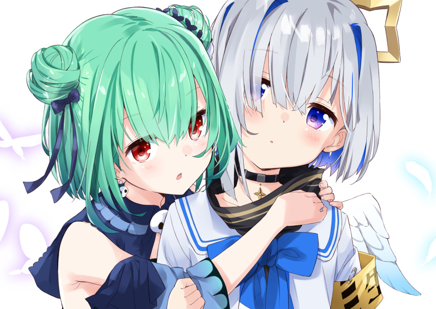 2girls :o amane_kanata armband bangs bare_shoulders black_bow black_choker blue_bow blue_eyes blue_hair blue_sleeves blue_wings bow butterfly_hair_ornament choker collarbone commentary_request detached_sleeves double_bun dress earrings eyebrows_visible_through_hair eyes_visible_through_hair feathered_wings gradient gradient_wings green_hair hair_between_eyes hair_bow hair_intakes hair_ornament hair_over_one_eye hand_up head_tilt highres hololive hug jewelry mousou_(mousou_temporary) multicolored multicolored_hair multicolored_wings multiple_girls parted_lips purple_hair red_eyes safety_pin shirt silver_hair skull skull_earrings sleeveless sleeveless_dress two-tone_hair uruha_rushia virtual_youtuber white_background white_shirt white_wings wings