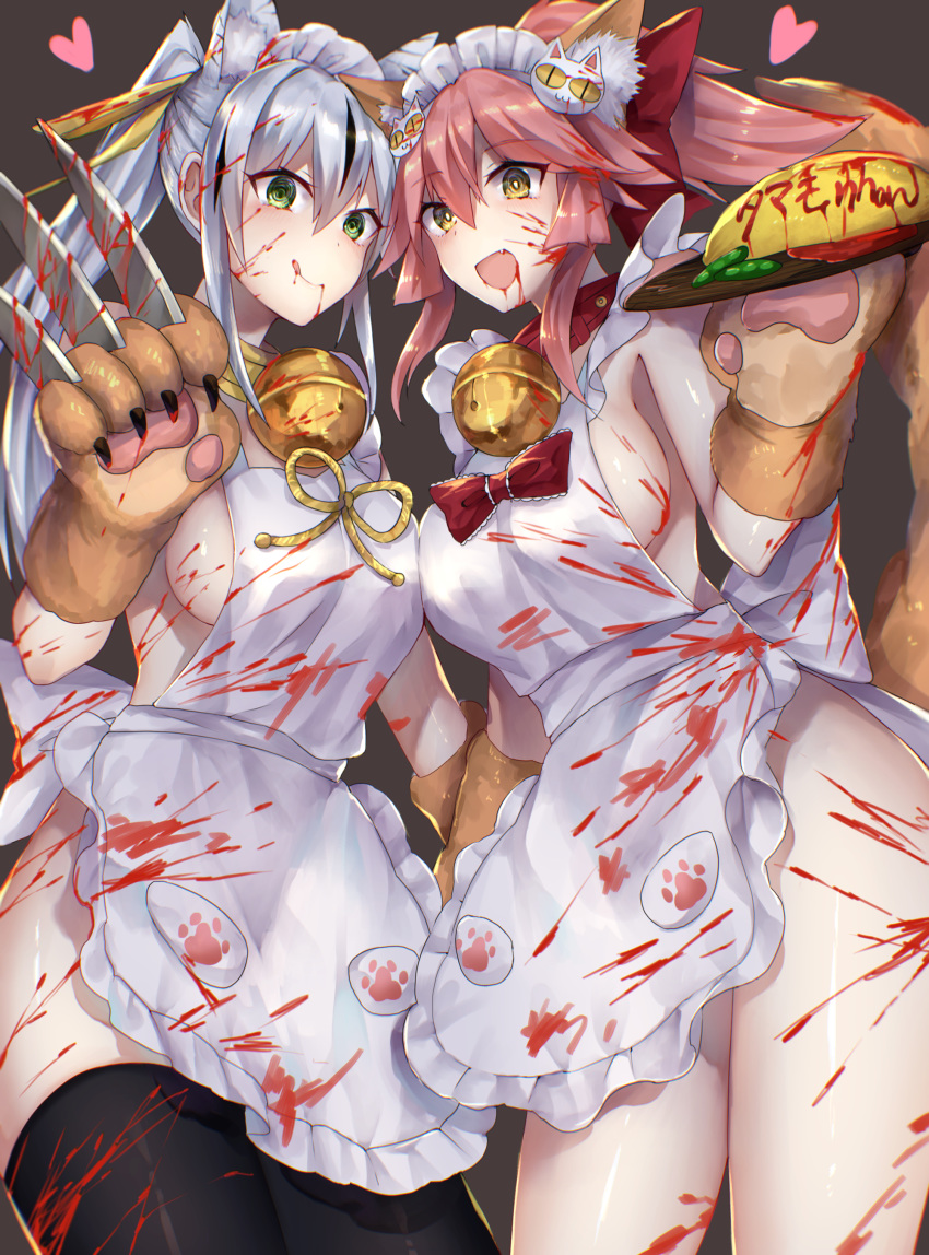 2girls @_@ absurdres animal_ear_fluff animal_ears apron bangs bare_shoulders bell bell_collar between_fingers black_background black_hair black_legwear blood blood_from_mouth blood_on_face blood_splatter bloody_clothes bloody_weapon blush breasts cat_hair_ornament cat_paws closed_mouth collar cosplay fate/extra fate/grand_order fate_(series) food fox_ears fox_girl fox_tail frilled_apron frills gloves green_eyes hair_between_eyes hair_ornament highres hitomin_(ksws7544) jingle_bell knife large_breasts licking_lips long_hair looking_at_viewer maid_headdress medium_breasts multicolored_hair multiple_girls nagao_kagetora_(fate) naked_apron omurice open_mouth paw_gloves paws pink_hair plate ponytail sideboob sidelocks simple_background smile stain streaked_hair tail tamamo_(fate)_(all) tamamo_cat_(fate) tamamo_cat_(fate)_(cosplay) tongue tongue_out two-tone_hair weapon white_apron white_hair yellow_eyes