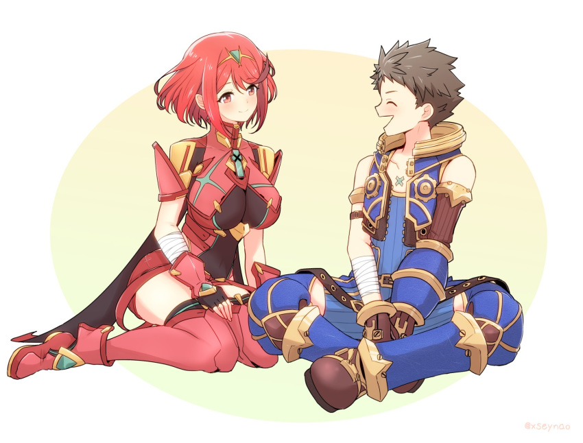 1boy 1girl bangs blue_legwear blue_shirt blue_vest blush breasts brown_hair chest_jewel closed_eyes earrings fingerless_gloves gloves highres pyra_(xenoblade) indian_style jewelry large_breasts mochimochi_(xseynao) red_eyes red_legwear redhead rex_(xenoblade_2) shirt short_hair shorts simple_background sitting smile swept_bangs thigh-highs tiara vest white_background xenoblade_(series) xenoblade_2